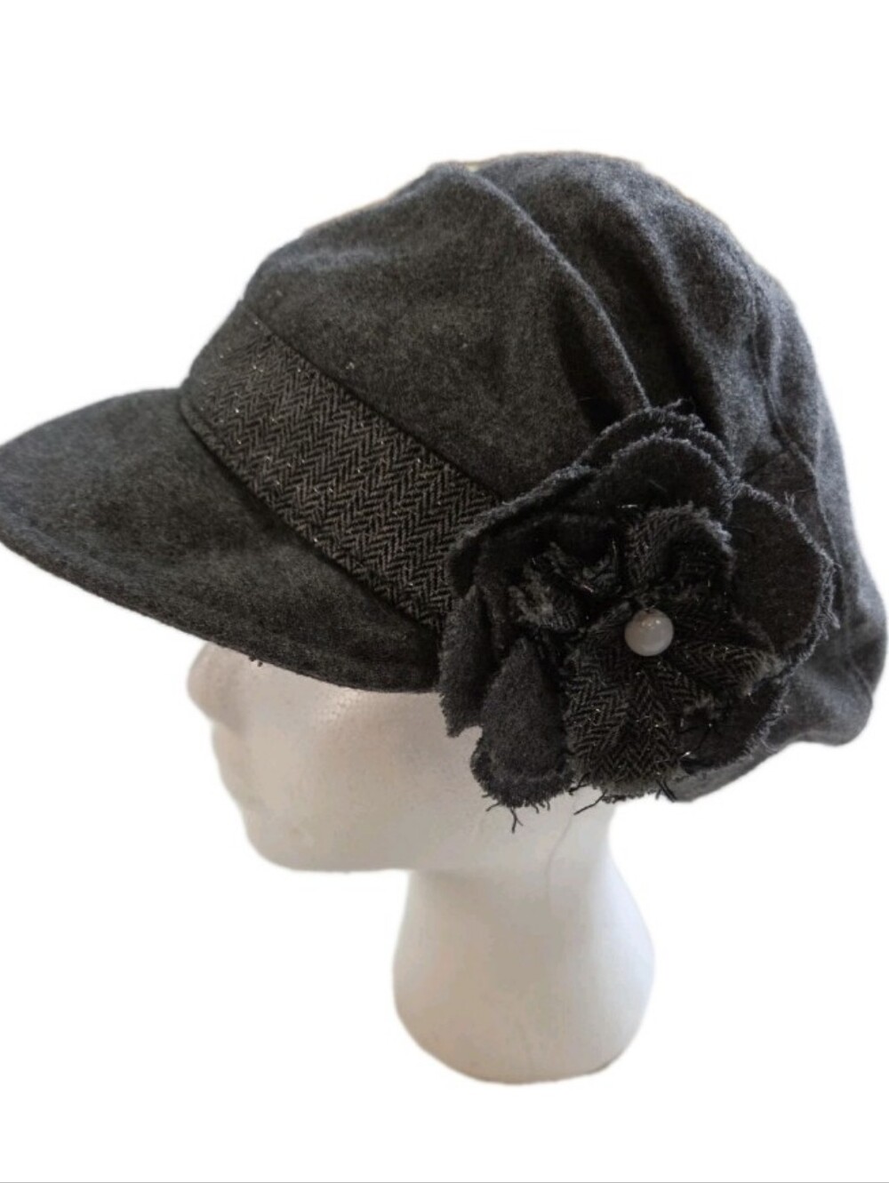 Vintage Y2K Grey Wool Page Girl Hat 3D Flower Glitter Herringbone Trim Size S/M